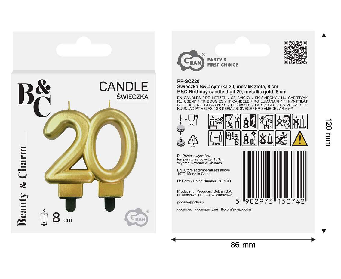 B&C number candle - 20, gold metallic, 8.0 cm